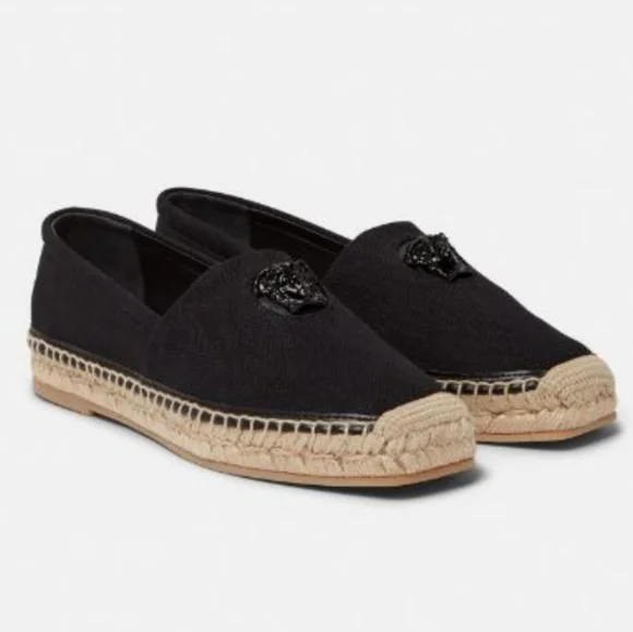 Versace La Medusa Canvas Leather Espadrilles Size 39.5 Black - Picture 1 of 8